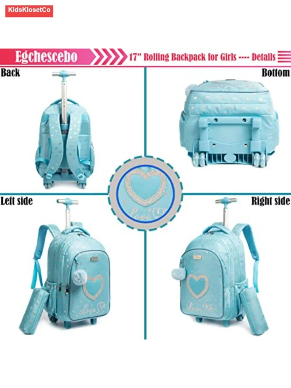 Kids Rolling Backpack with Wheels, Nylon Trolley School Bag for Girls, 3-in-1